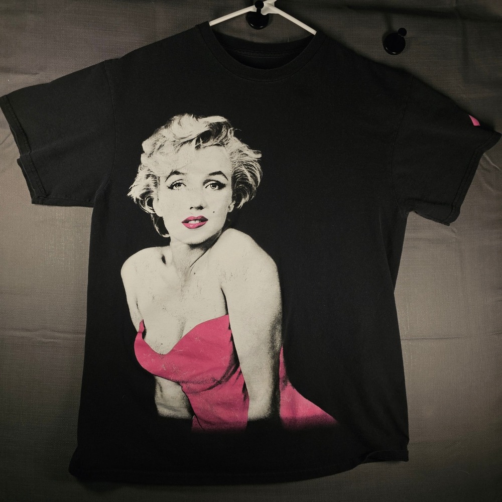 Marilyn Monroe Graphic T-Shirt Black Pink Ribbon Sleeve Portrait Mens Large L